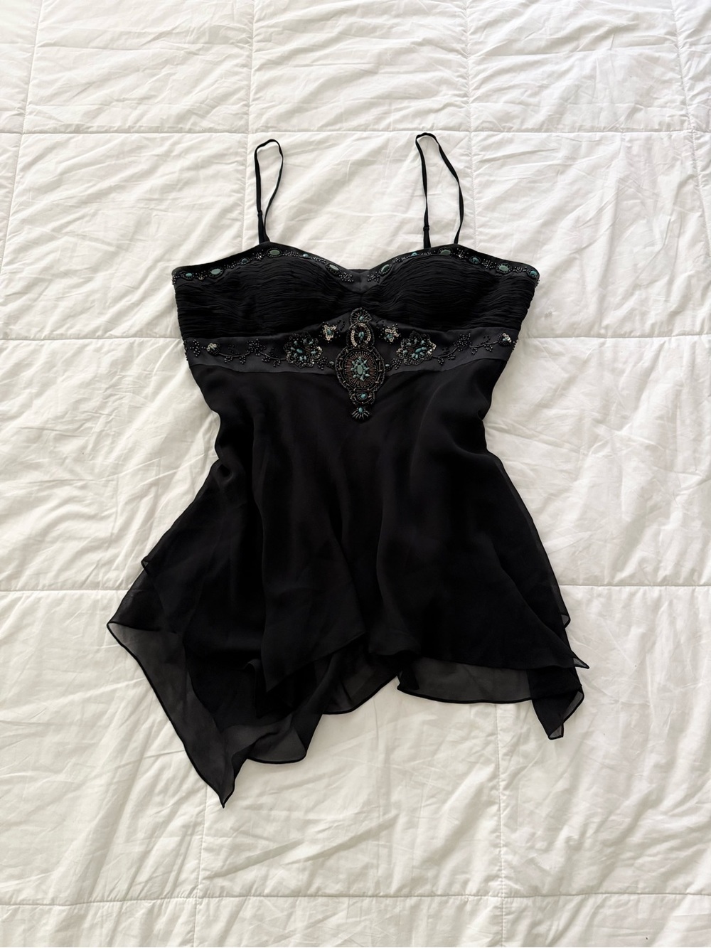 Simon Chang 100% silk beaded asymmetrical top.